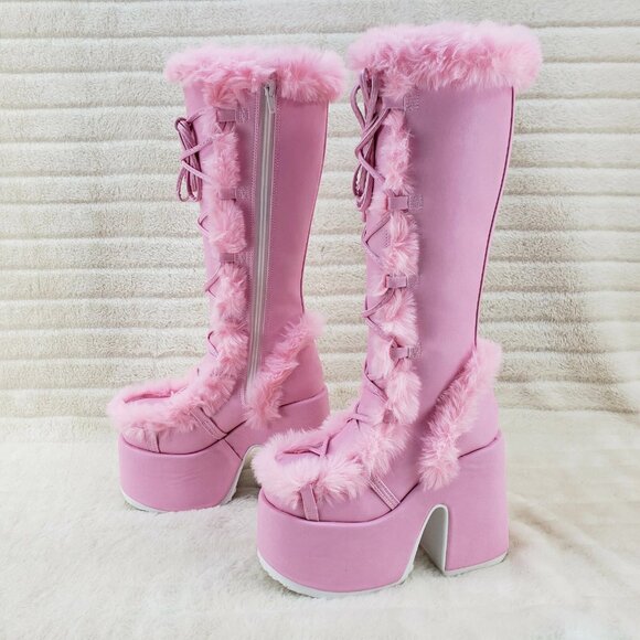 Camel 311 Baby Pink Furry Goth Punk Platform Knee Boots